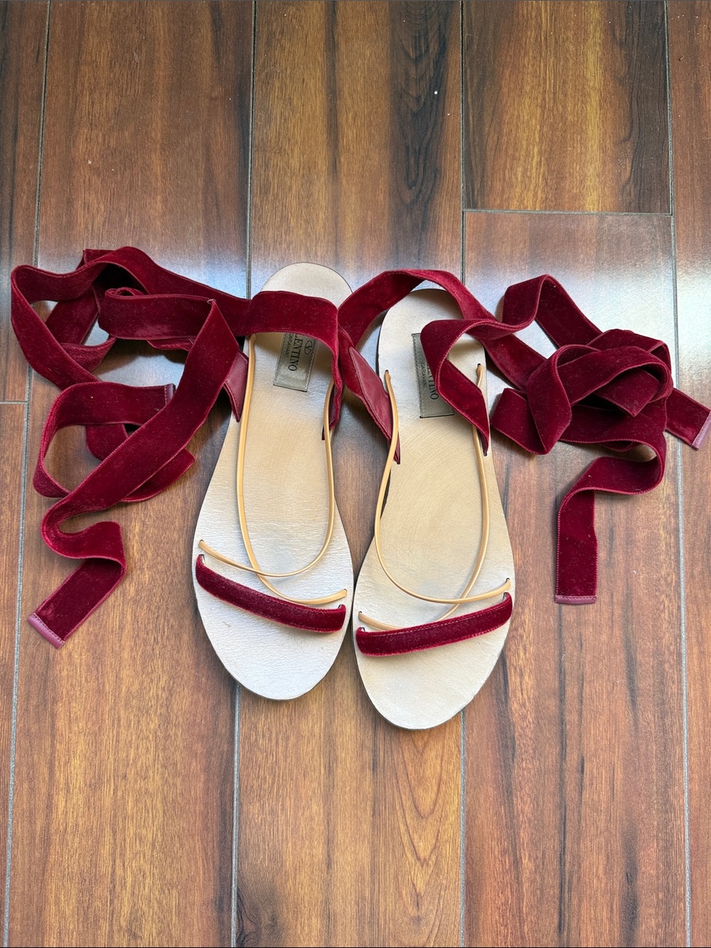 Valentino Garavani Burgundy Velvet Wrap Sandals